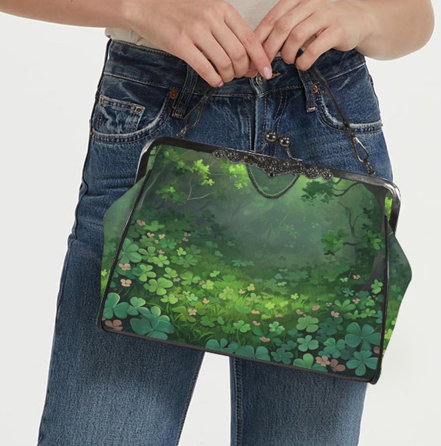 St Patricks Day Green Clover Field Shamrock  Shoulder Cross Body Bag Satchel Kisslock