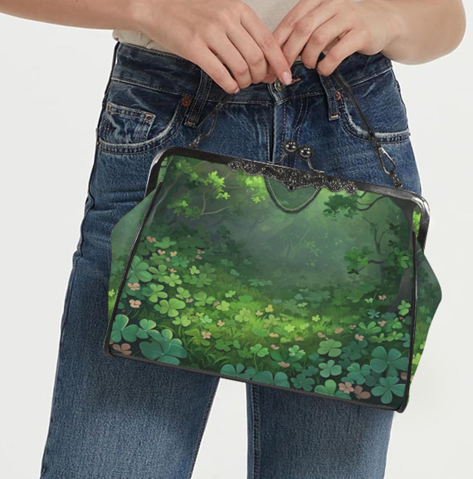St Patricks Day Green Clover Field Shamrock  Shoulder Cross Body Bag Satchel Kisslock