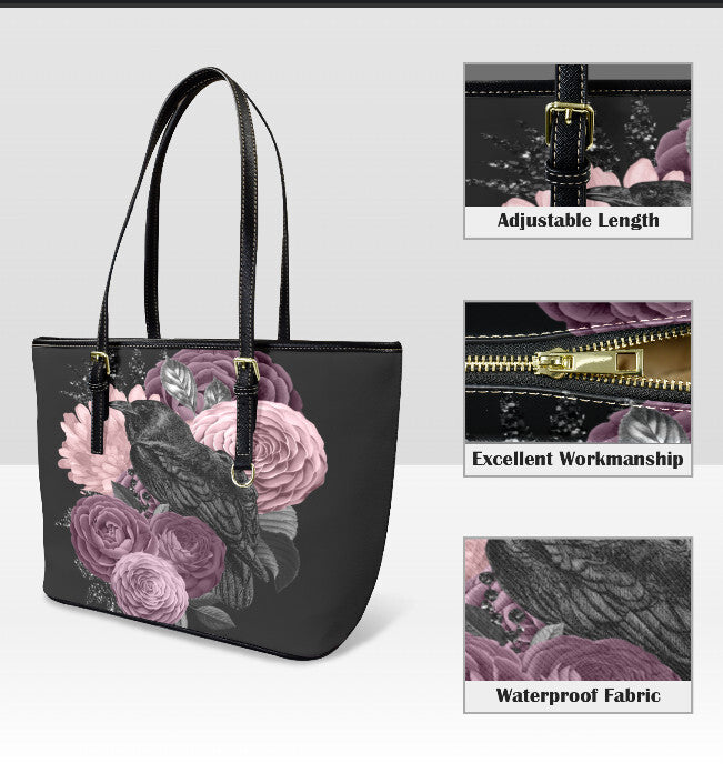 Custom Tote Hand Shoulder Bag 12 X 15 Gothic Crow Purple Lavender Flowers Terrifictrend