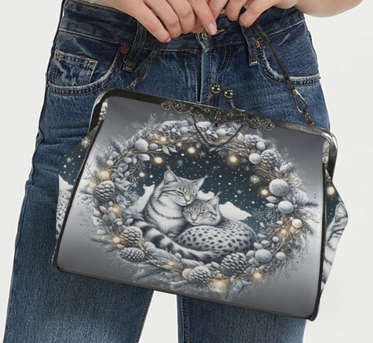 Silver Christmas Wreath Ocelots Holiday Shoulder Cross Body Hand Bag Satchel Kisslock
