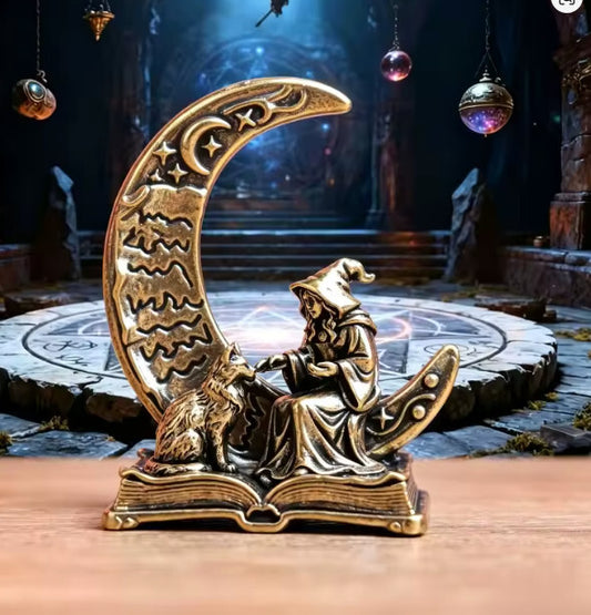 Miniature 2"  Vintage Brass Witch Moon Book Cat Statue Halloween Home Decor Home Decor