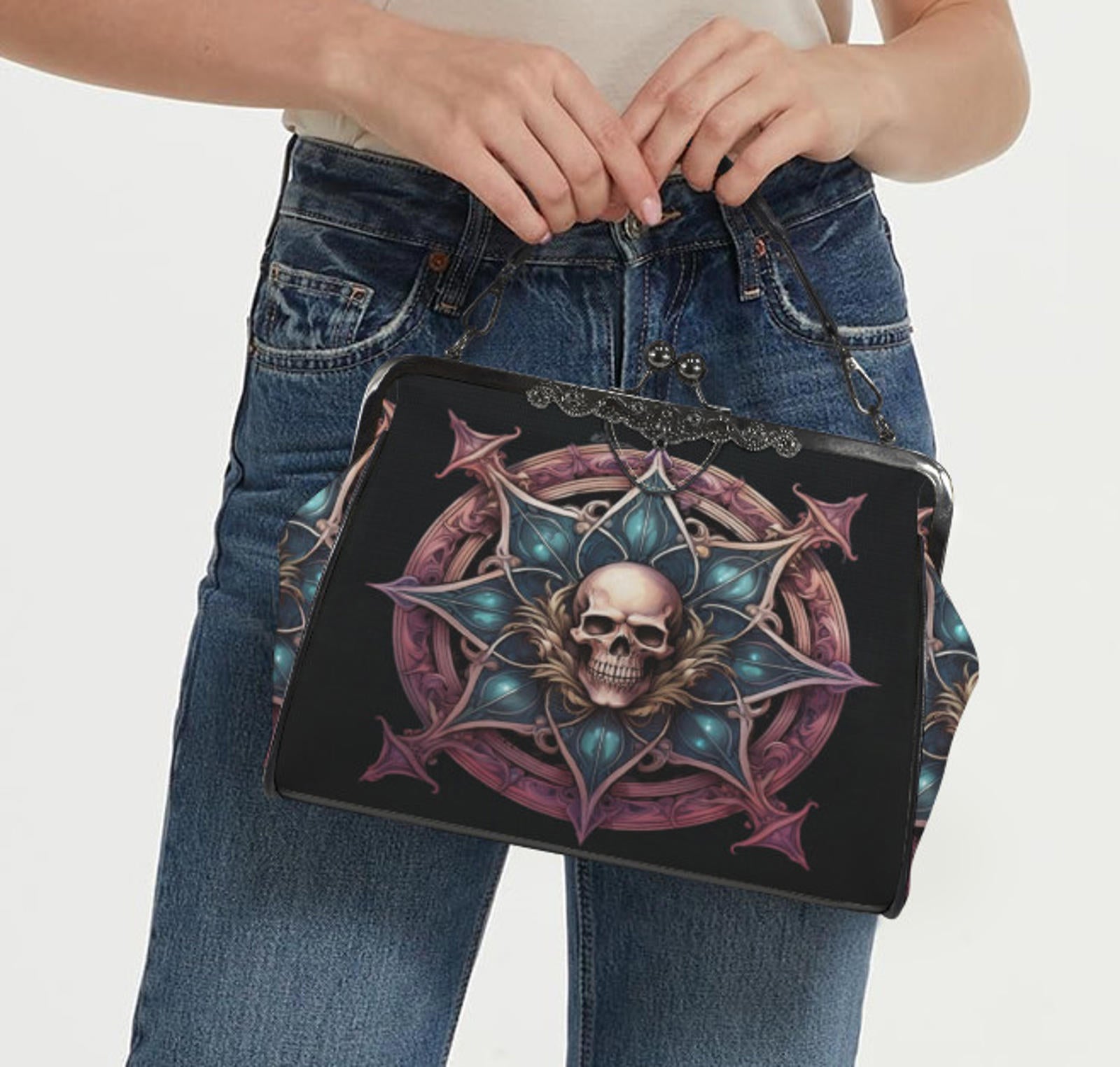 Dark Victorian Gothic Medieval Skull Shieldl Shoulder Cross Body Bag Satchel NEW Kisslock