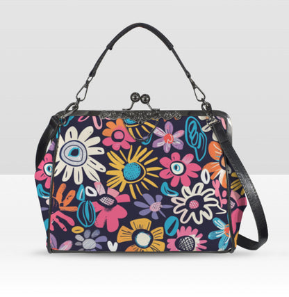 Whimsical Flower Art Spring Mother's Day Shoulder Cross Body Bag Satchel NEW Kisslock