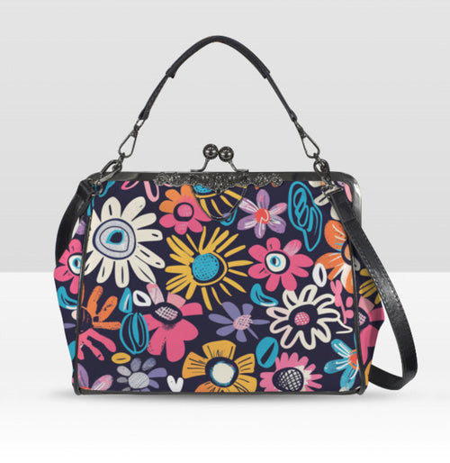 Whimsical Flower Art Spring Mother's Day Shoulder Cross Body Bag Satchel NEW Kisslock