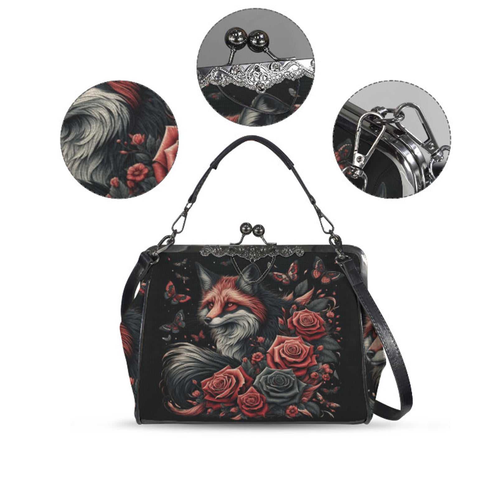 Dark Victorian Gothic Fox Moon Roses Butterfly  Shoulder Cross Body Bag Satchel Kisslock