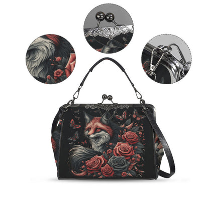 Dark Victorian Gothic Fox Moon Roses Butterfly  Shoulder Cross Body Bag Satchel Kisslock