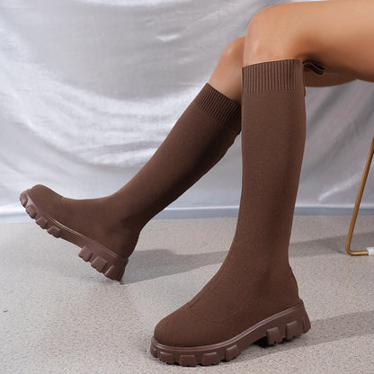 Fashion Knitted Boots Women's Flyweaving Breathable Thick-soled Skinny Boots Winter Fall Shoes Cj