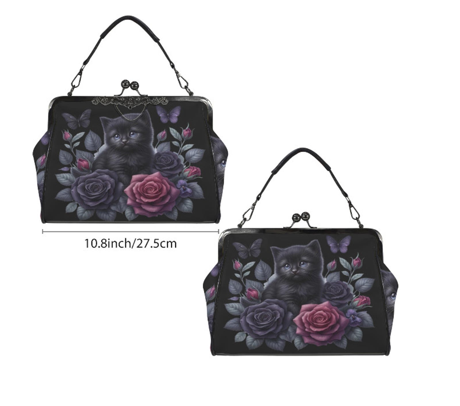 Victorian Gothic Black Kitten Rose Spring Colors Shoulder Cross Body Bag Satchel Kisslock