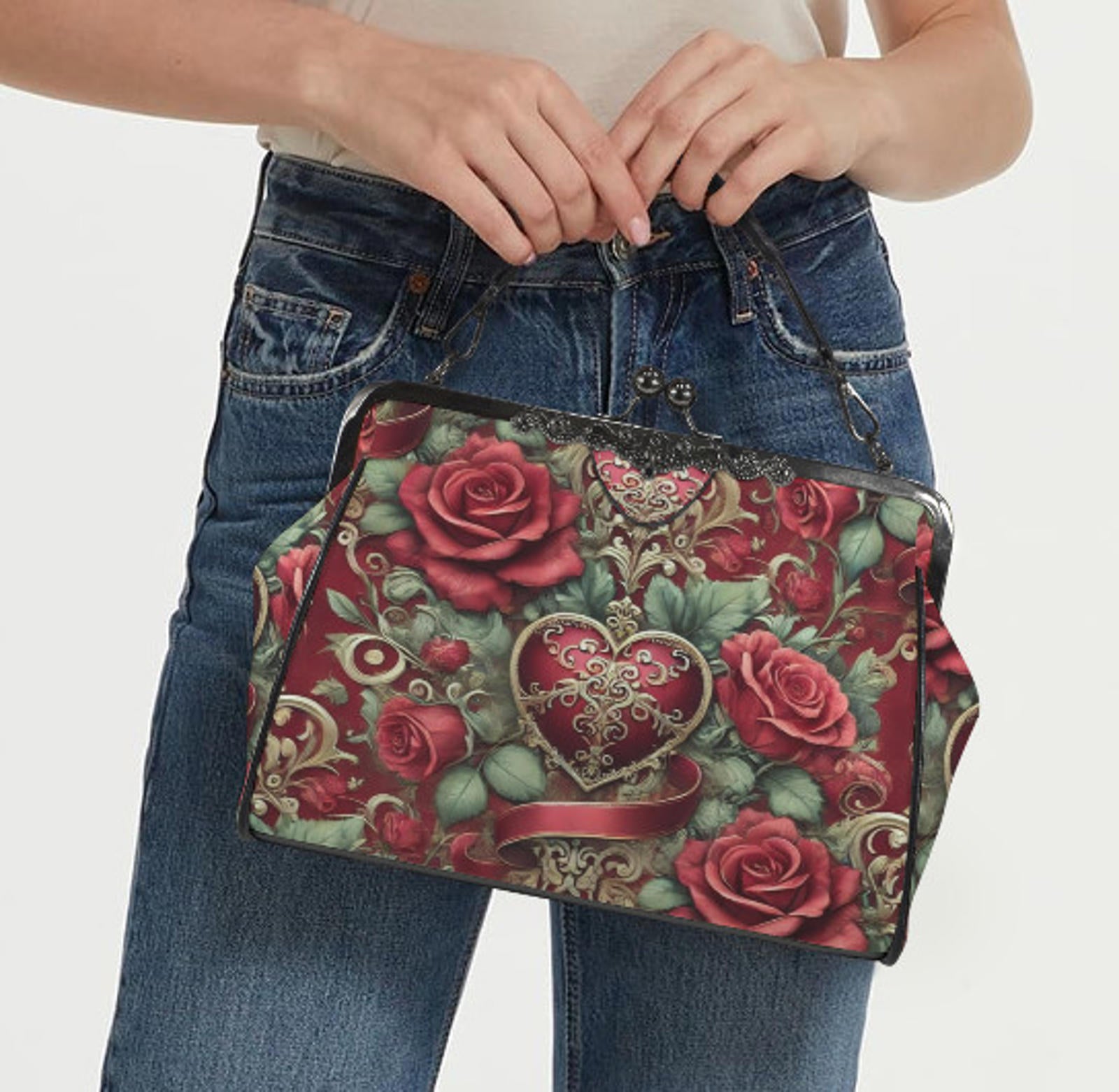 Victorian Heart Valentine's Day Red Rose  Shoulder Cross Body Hand Bag Satchel Kisslock