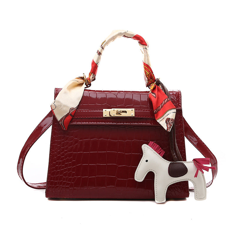 stone pattern PU leather shoulder bag in red with decorative scarf and charm