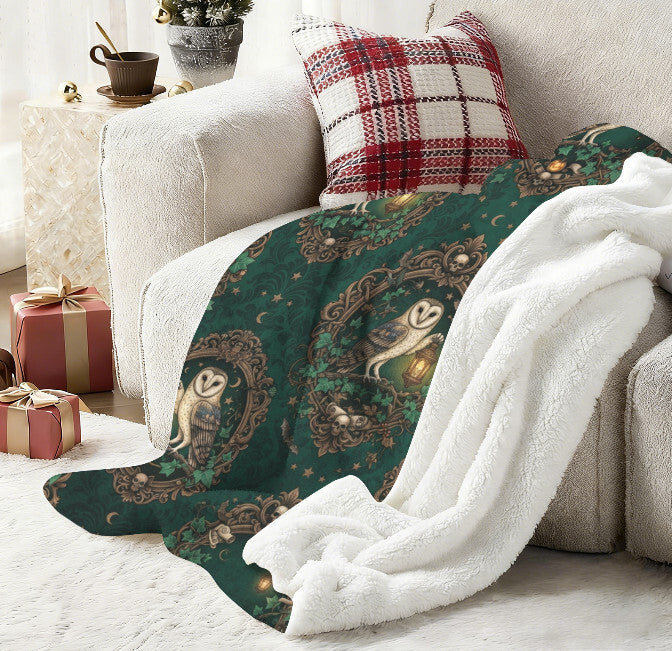 Sherpa Fleece Blanket 40" x 50" Home Decor Throw Victorian Emerald Owl Jewel NEW Terrific Trend