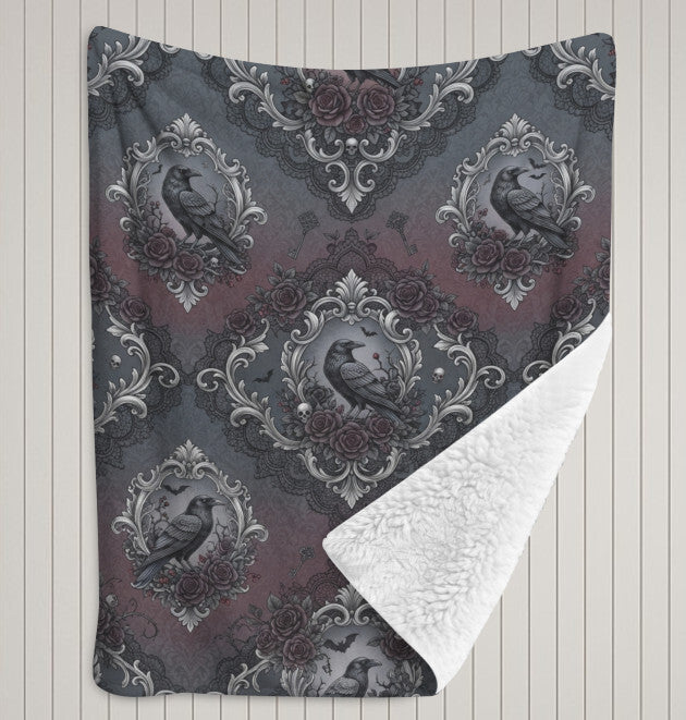 Sherpa Fleece Blanket 40" x 50" Home Decor Throw Victorian Gothic Black Raven Terrific Trend