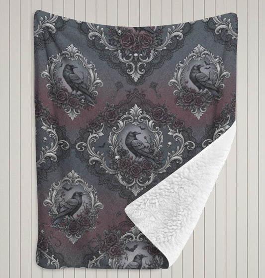 Sherpa Fleece Blanket 40" x 50" Home Decor Throw Victorian Gothic Black Raven Terrific Trend