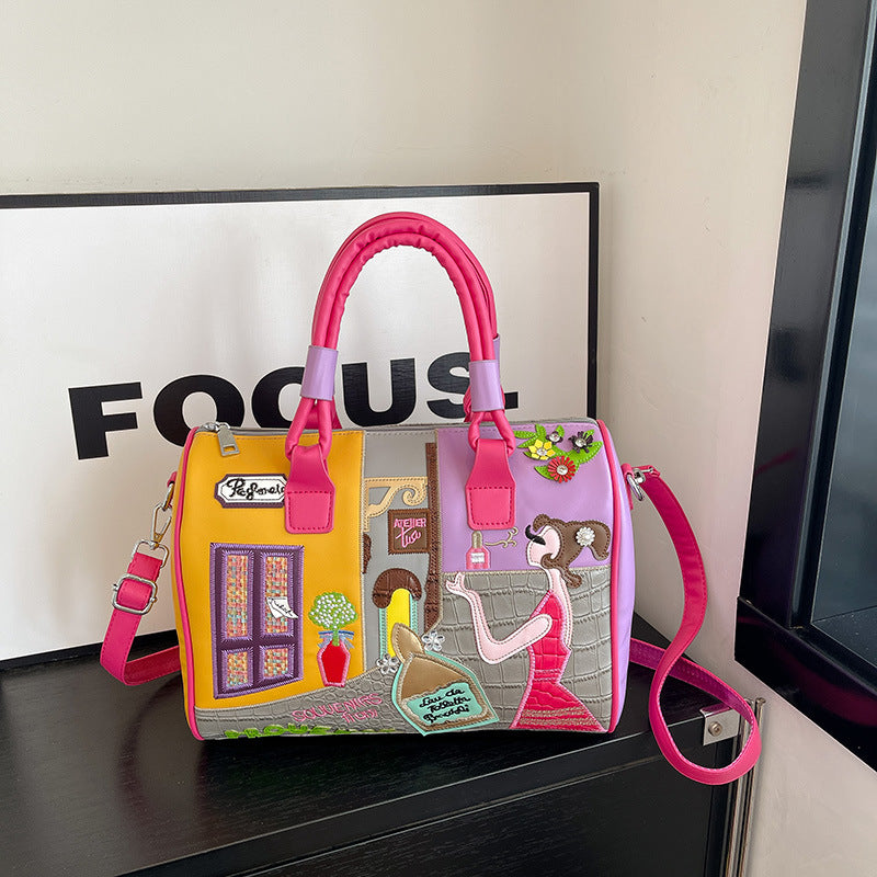 High-capacity Premium Boston Bag With Embroidered Patchwork Design Cj