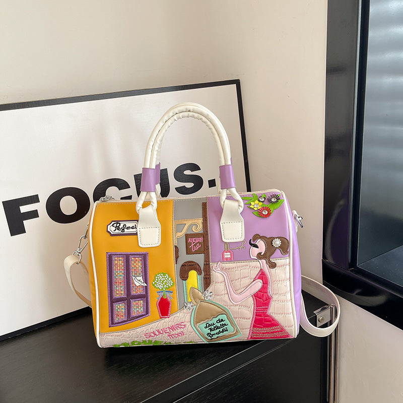 High-capacity Premium Boston Bag With Embroidered Patchwork Design Cj