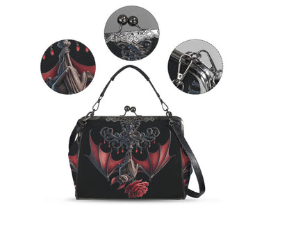 Dark Victorian Gothic Bat Red Rose Chandelier Shoulder Cross Body Bag Satchel Kisslock