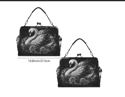 Dark Victorian Gothic White Swan Roses Shoulder Cross Body Bag Satchel Kisslock
