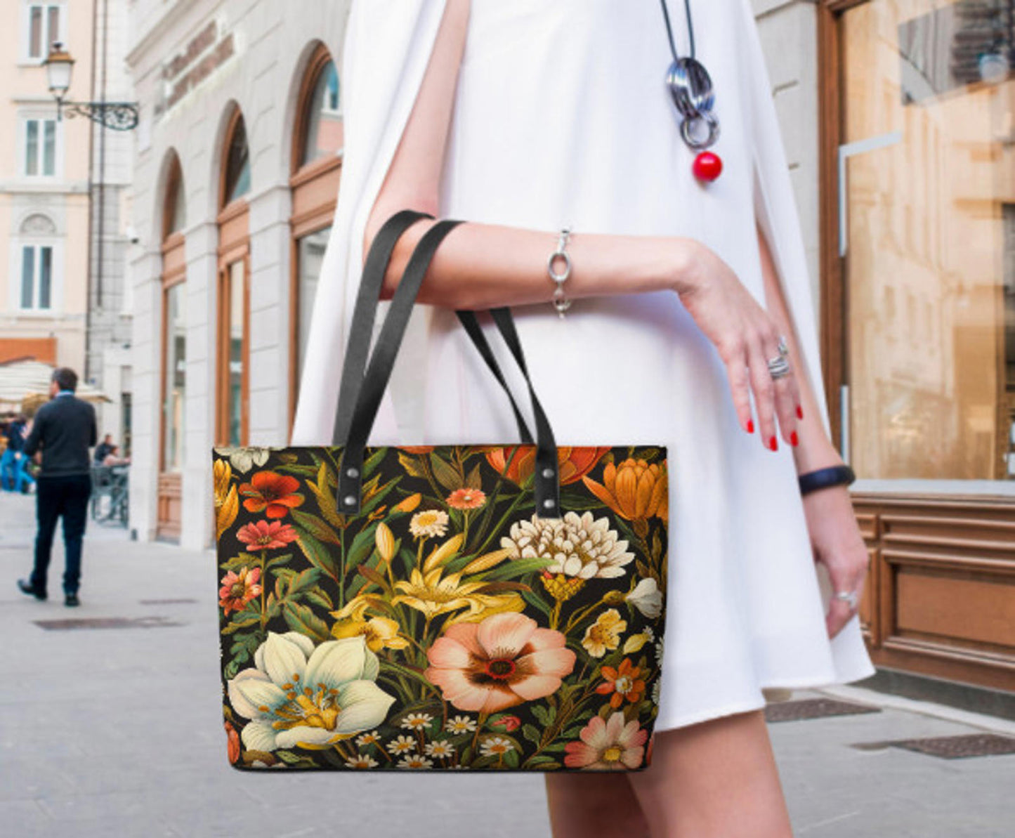 Custom Tote Hand Shoulder Bag 12 X 15 Spring Flowers Vintage Black Orange Yellow Terrifictrend