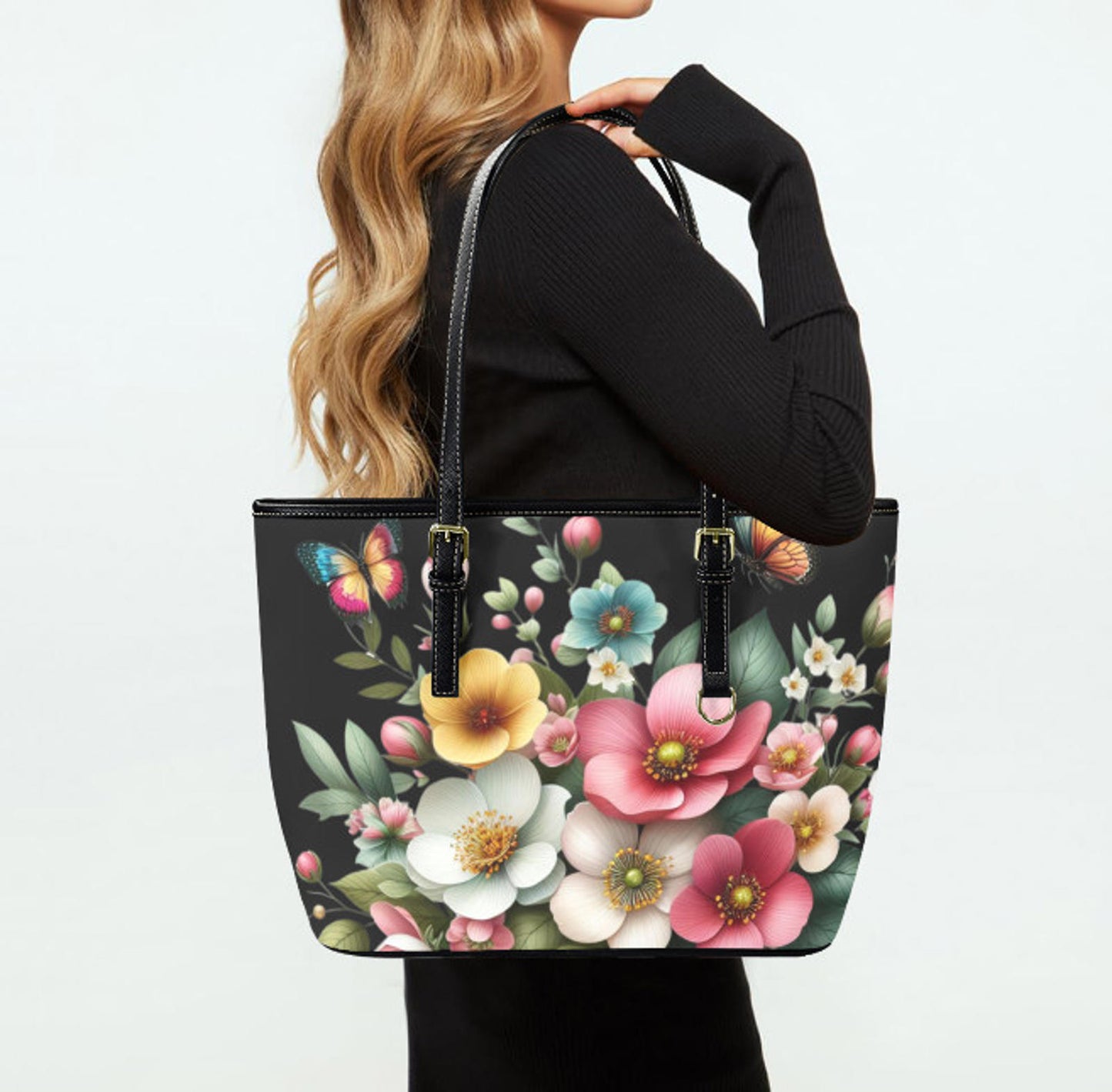 Custom Tote Hand Shoulder Bag 12 X 15 Spring Pink Blue Peach Flowers Gift Idea Terrifictrend