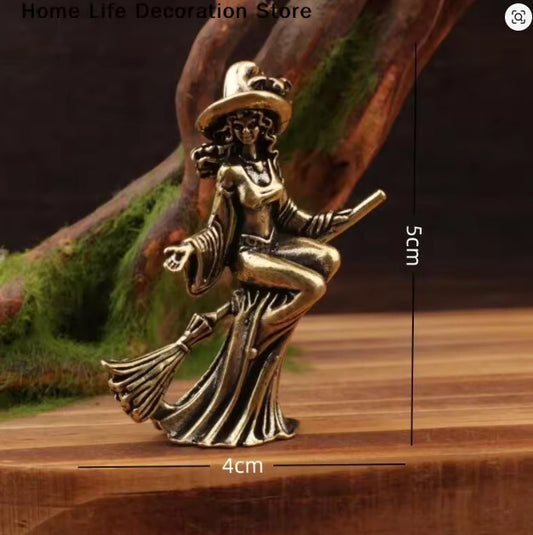Miniature 2.5" Vintage Brass Witch Statue Broomstick Halloween Home Decor Cute Home Decor