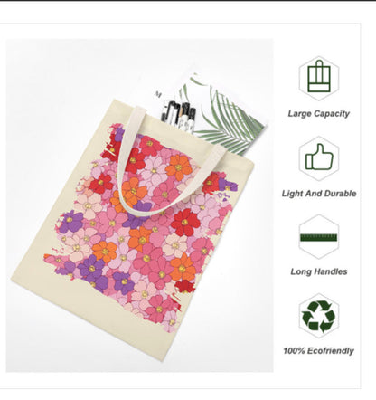 Vintage Retro Pink Purple Red Flowers Reusable Tote Bag Print on 2 Sides 14 x 18 Terrifictrend