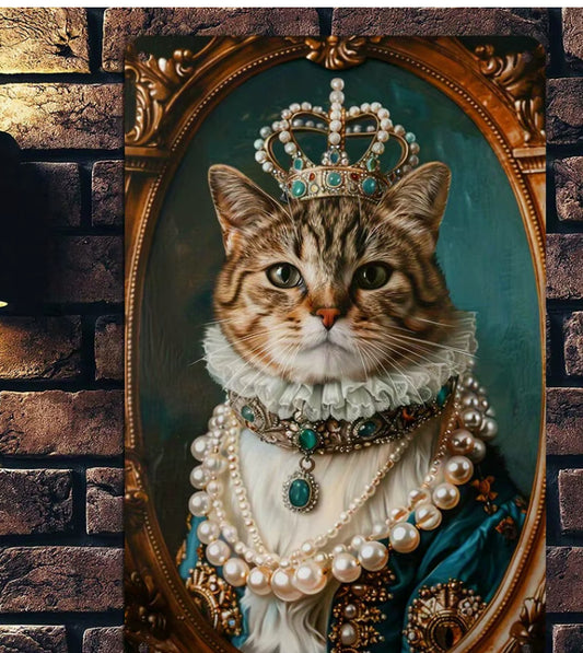 Victorian Wall Decor Crown Queen Regal Cat Spring Anthropomorphism Tin Sign 8x12 Handcrafted