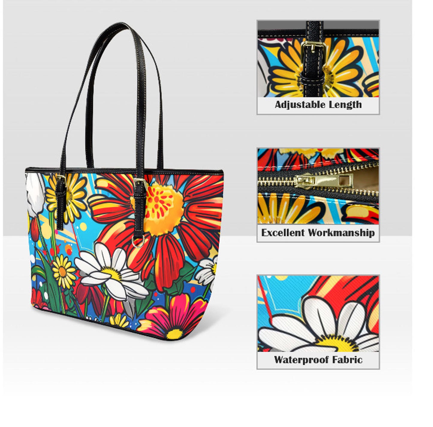 Custom Tote Hand Shoulder Bag 12 X 15 Bright Colors Spring Flowers Pop Art Terrifictrend