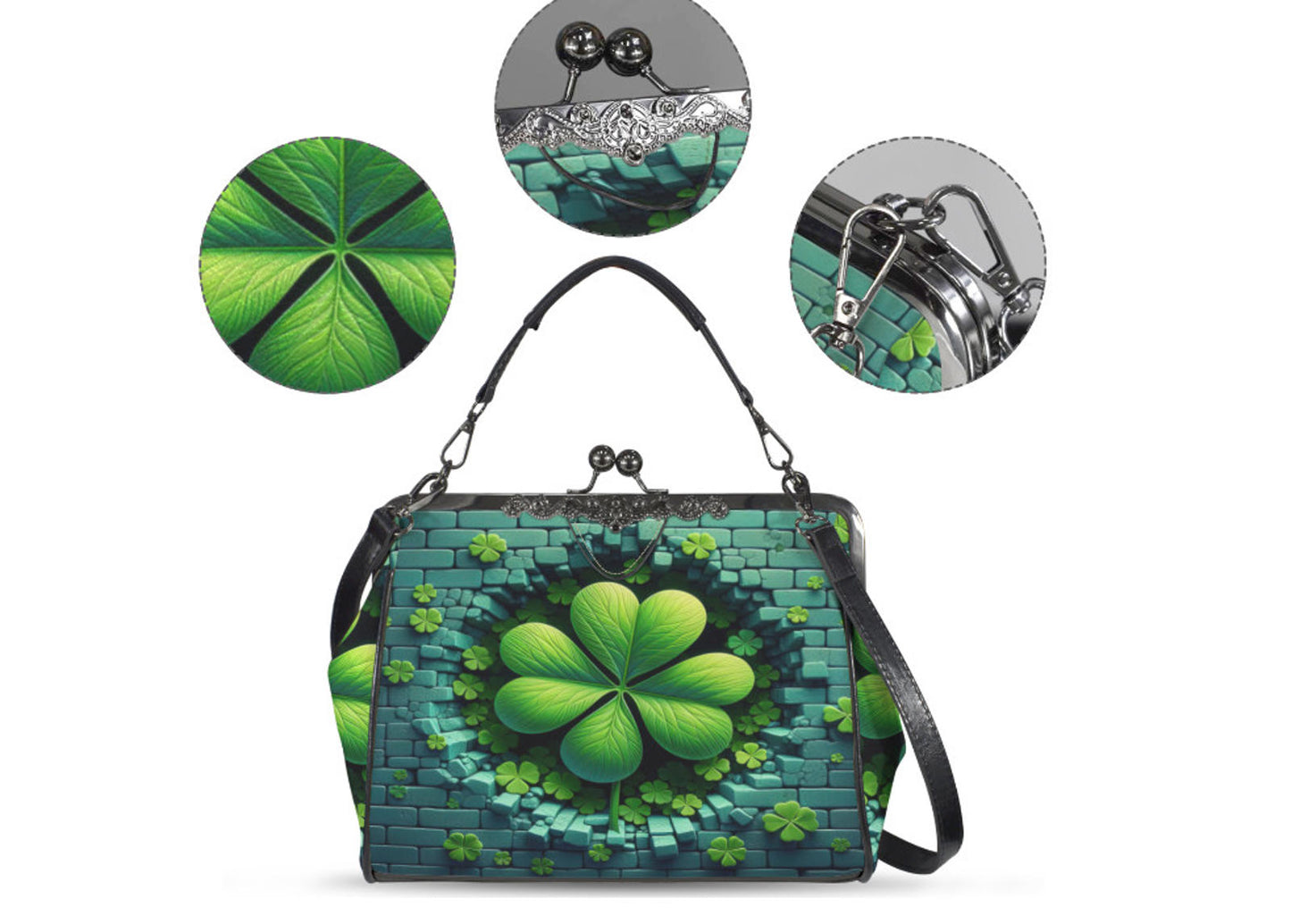 St Patricks Day Green Clover Shamrocks Cute Shoulder Cross Body Bag Satchel Kisslock