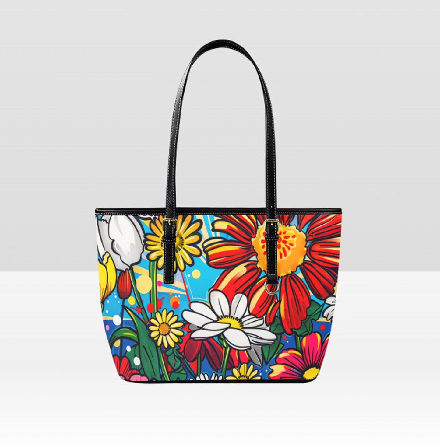 Custom Tote Hand Shoulder Bag 12 X 15 Bright Colors Spring Flowers Pop Art Terrifictrend