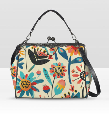 Whimsical Flower Art Spring Mother's Day Shoulder Cross Body Bag Satchel NEW Kisslock