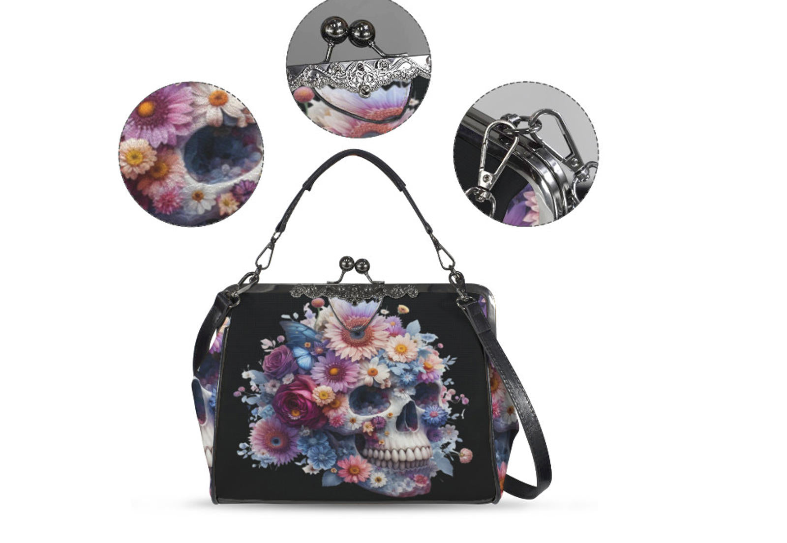 Sugar Skull Day of the Dead Halloween Floral Shoulder Cross Body Bag Satchel NEW Kisslock