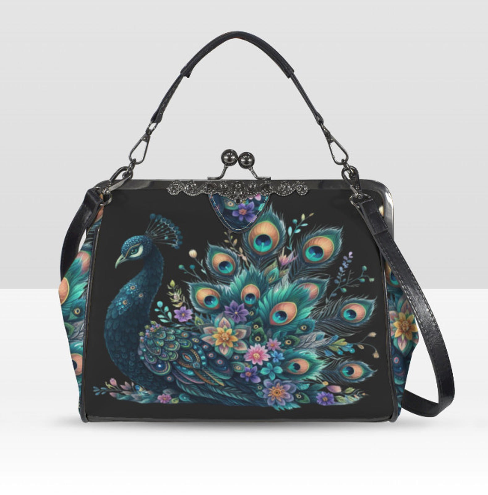 Victorian Gothic Floral Peacock Spring Colors Shoulder Cross Body Bag Satchel Kisslock