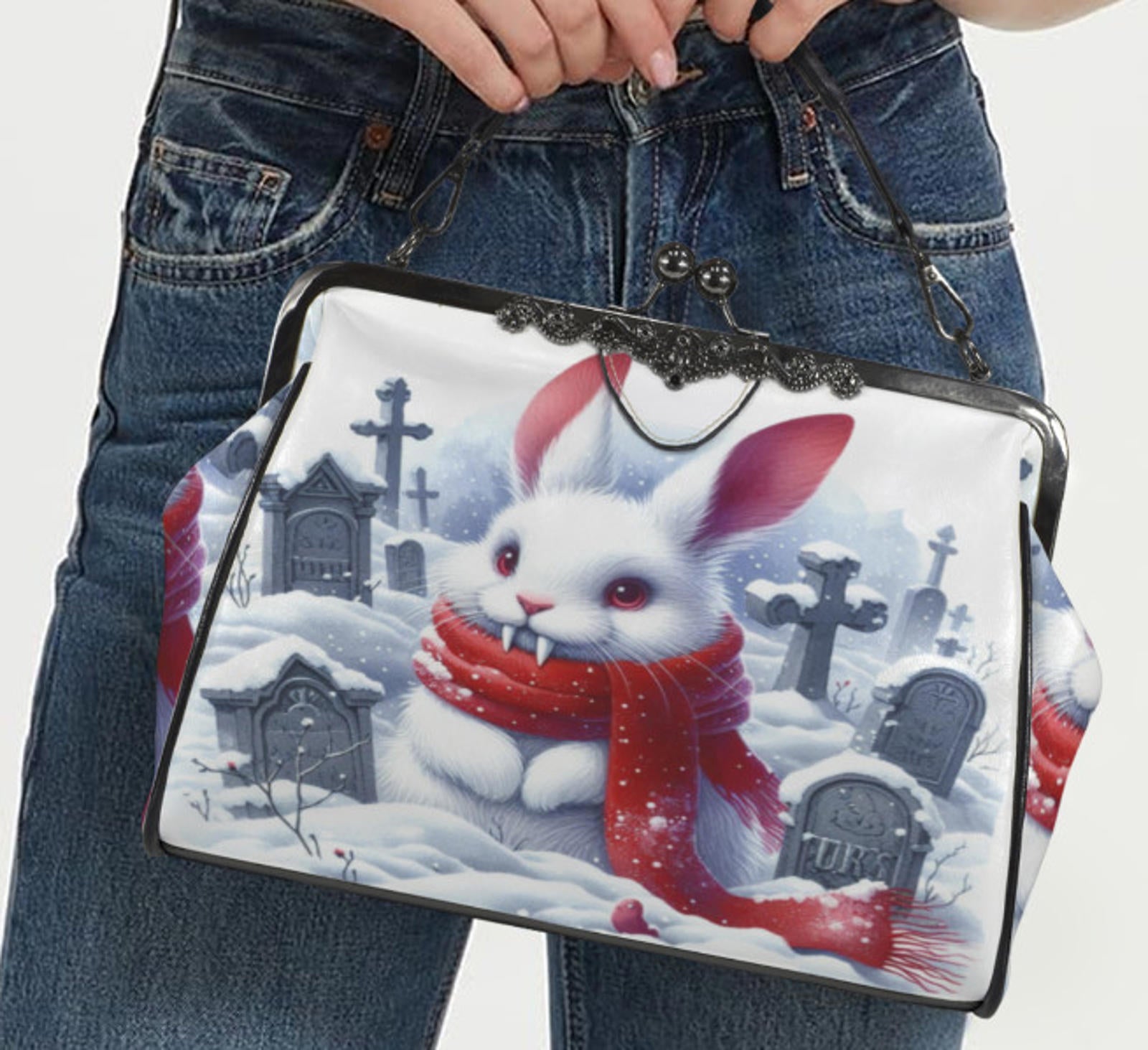 Gothic Victorian Winter Bunny w/Fangs  Holiday Shoulder Cross Body Bag Satchel Kisslock