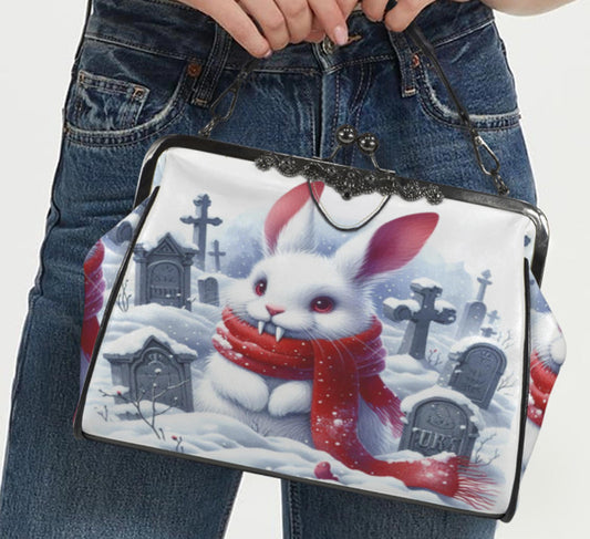 Gothic Victorian Winter Bunny w/Fangs  Holiday Shoulder Cross Body Bag Satchel Kisslock