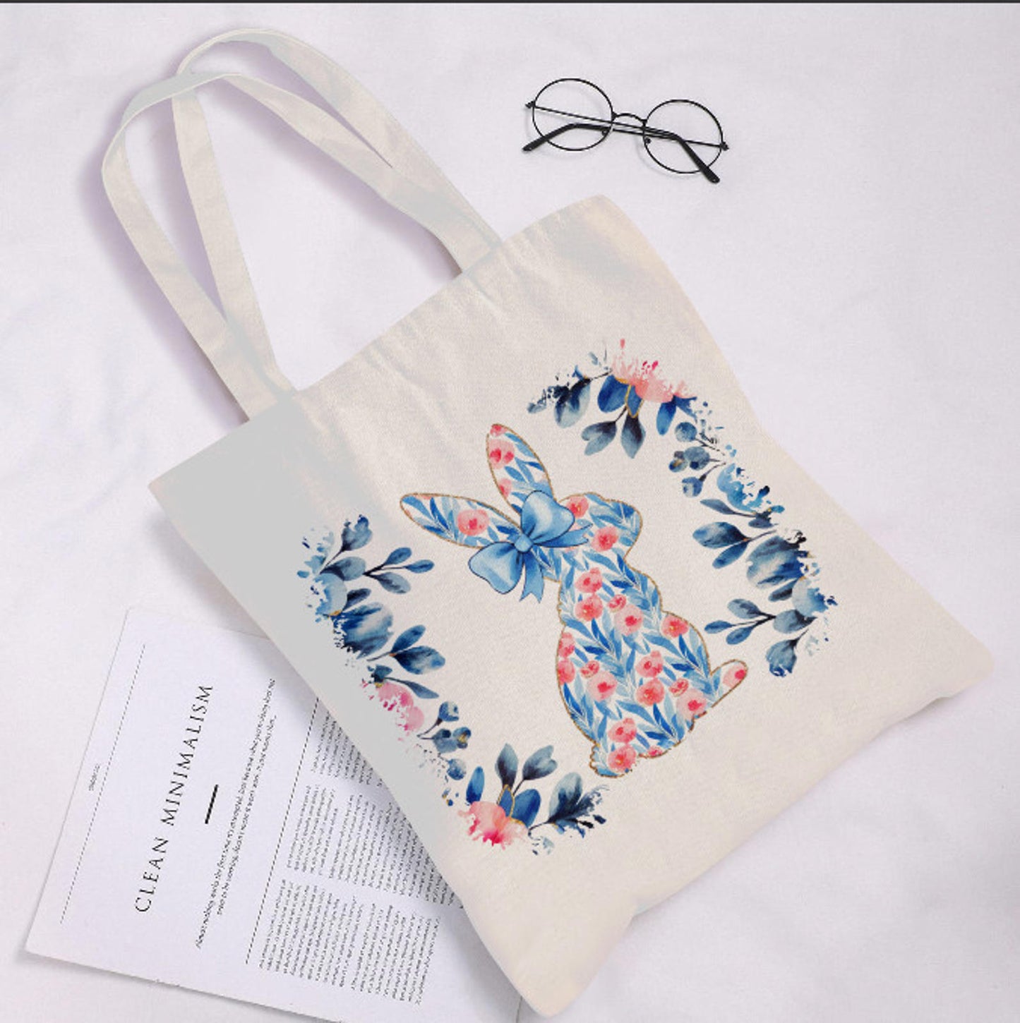 Easter Bunny Rabbit Pink Blue Spring Flowers Canvas Shoulder Tote Bag 15" X 15" TerrificTrend