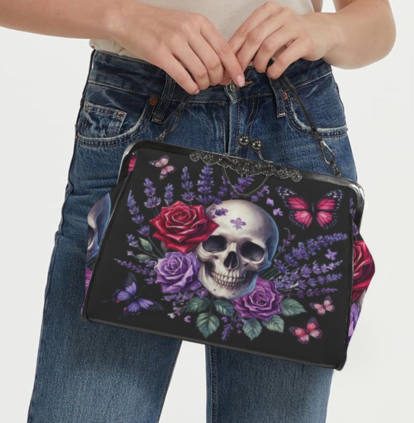 Victorian Gothic Skull Roses Spring Colors Shoulder Cross Body Bag Satchel Kisslock