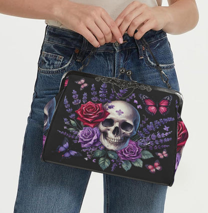 Victorian Gothic Skull Roses Spring Colors Shoulder Cross Body Bag Satchel Kisslock