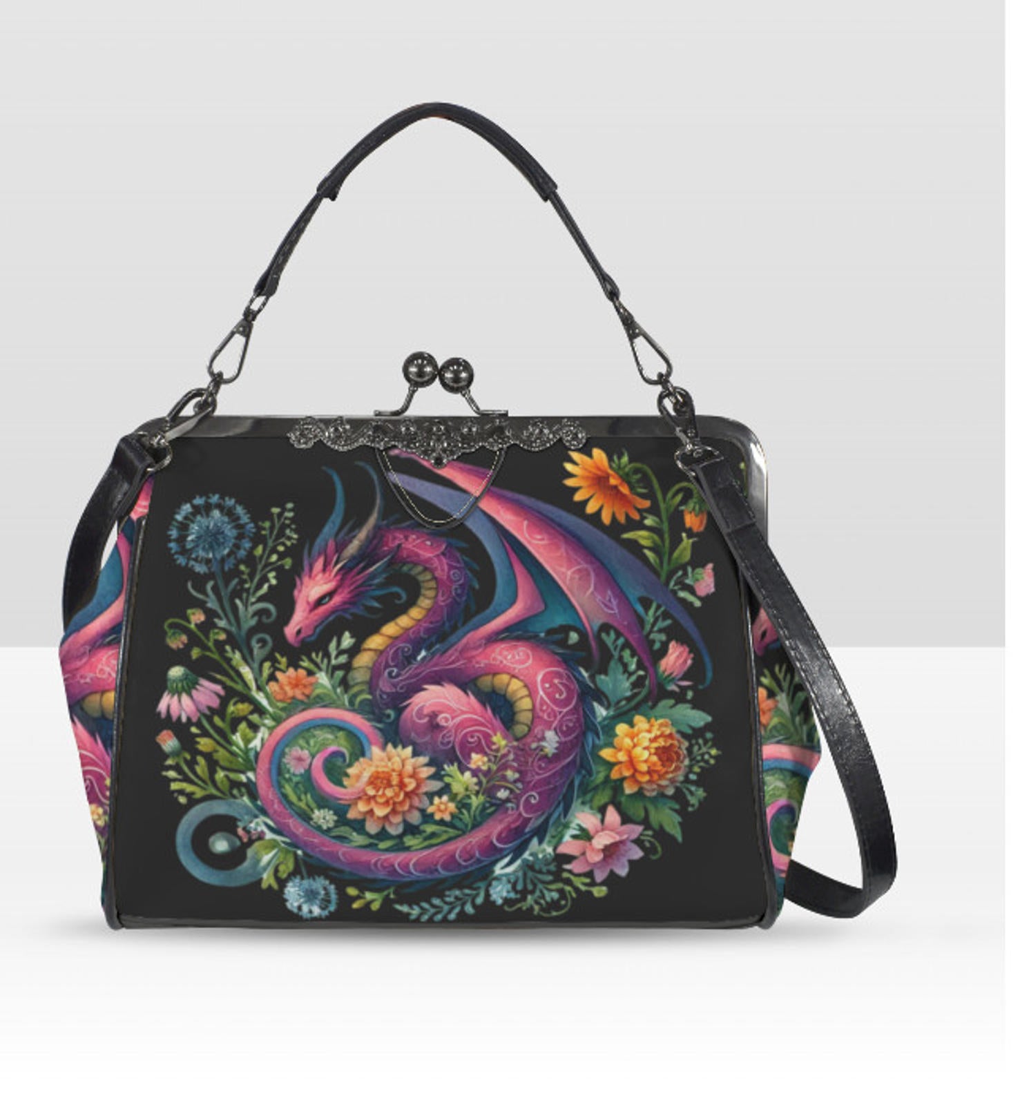 Gothic Mystical Floral Dragon Spring Colors Shoulder Cross Body Bag Satchel Kisslock