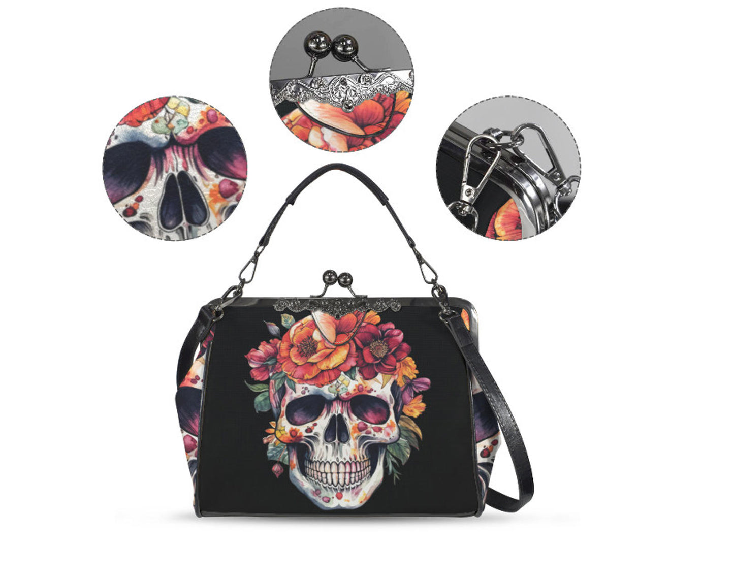 Sugar Skull Day of the Dead Halloween Floral Shoulder Cross Body Bag Satchel NEW Kisslock