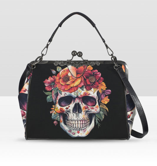 Sugar Skull Day of the Dead Halloween Floral Shoulder Cross Body Bag Satchel NEW Kisslock