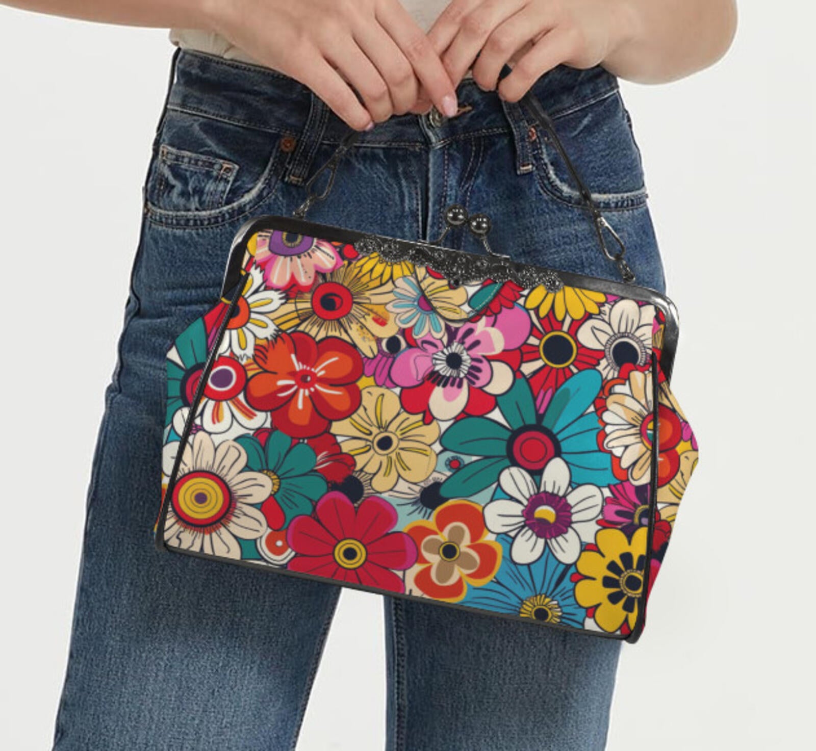 Whimsical Flower Art Spring Mother's Day Shoulder Cross Body Bag Satchel NEW Kisslock
