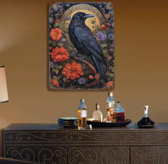 Rustic Gothic Botanical Animals RAVEN Bird Metal Sign Victorian Wall Decor 8x12 Unbranded