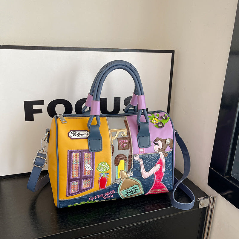 High-capacity Premium Boston Bag With Embroidered Patchwork Design Cj