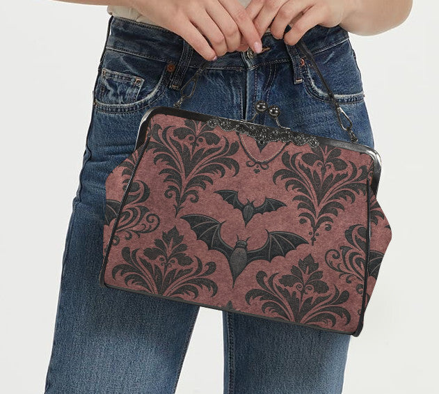 Gothic Baroque Black Burgundy  Halloween Shoulder Cross Body Bag Satchel Holiday Kisslock