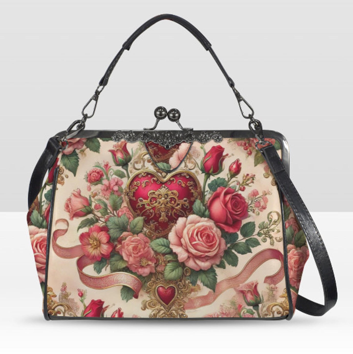 Victorian Heart Valentine's Day Red Rose  Shoulder Cross Body Hand Bag Satchel Kisslock