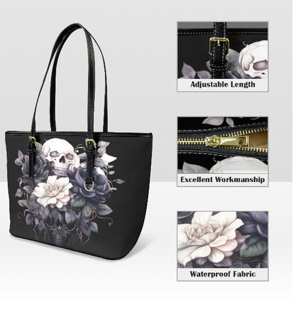 Custom Tote Hand Shoulder Bag 12 X 15 Gothic Black White Dark Flowers & Skull Terrifictrend