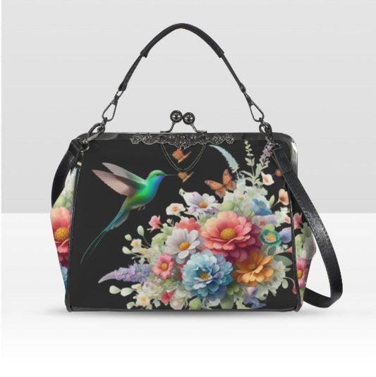 Black Floral Art Hummingbird Spring Mother's Day Shoulder Cross Body Bag Satchel Kisslock