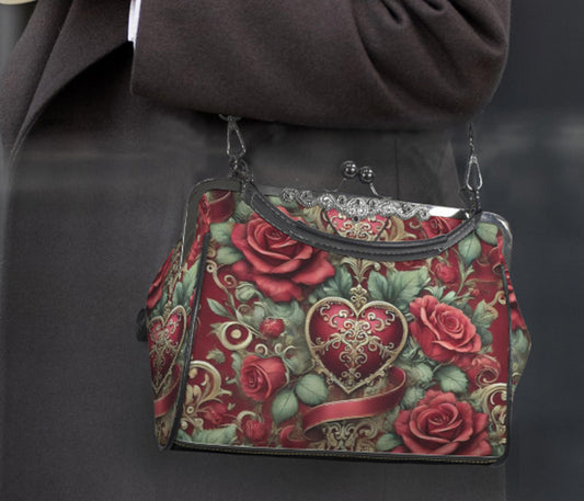 Victorian Heart Valentine's Day Red Rose  Shoulder Cross Body Hand Bag Satchel Kisslock