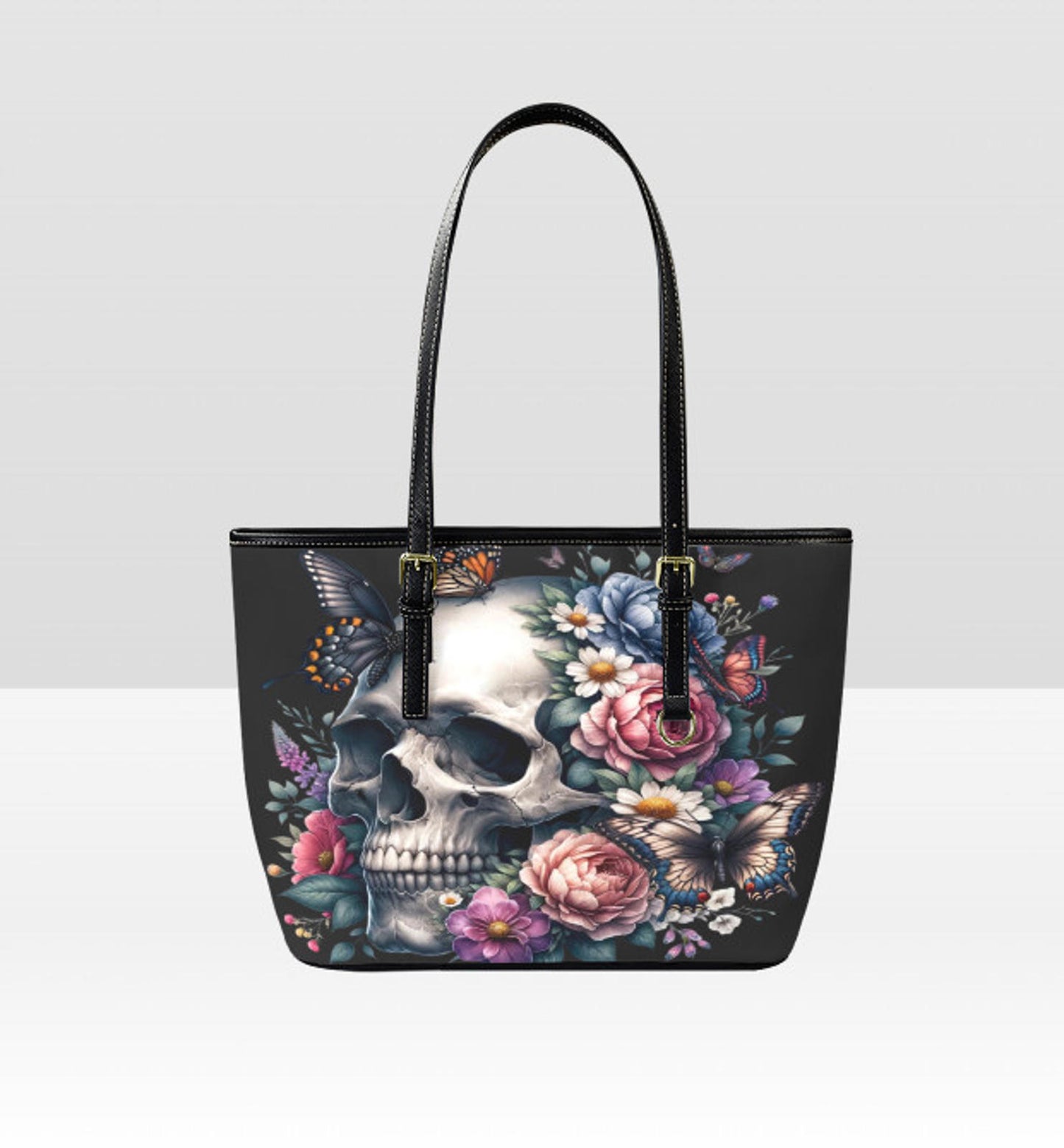 Custom Tote Hand Shoulder Bag 12 X 15 Gothic Floral Butterfly Rose Skull Gift Terrifictrend