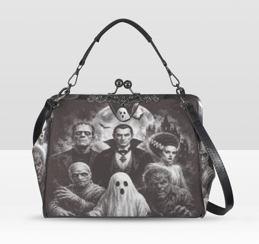 Vintage Horror Movie Mummy, Dracula, Werewolf Shoulder Cross Body Bag Satchel Kisslock